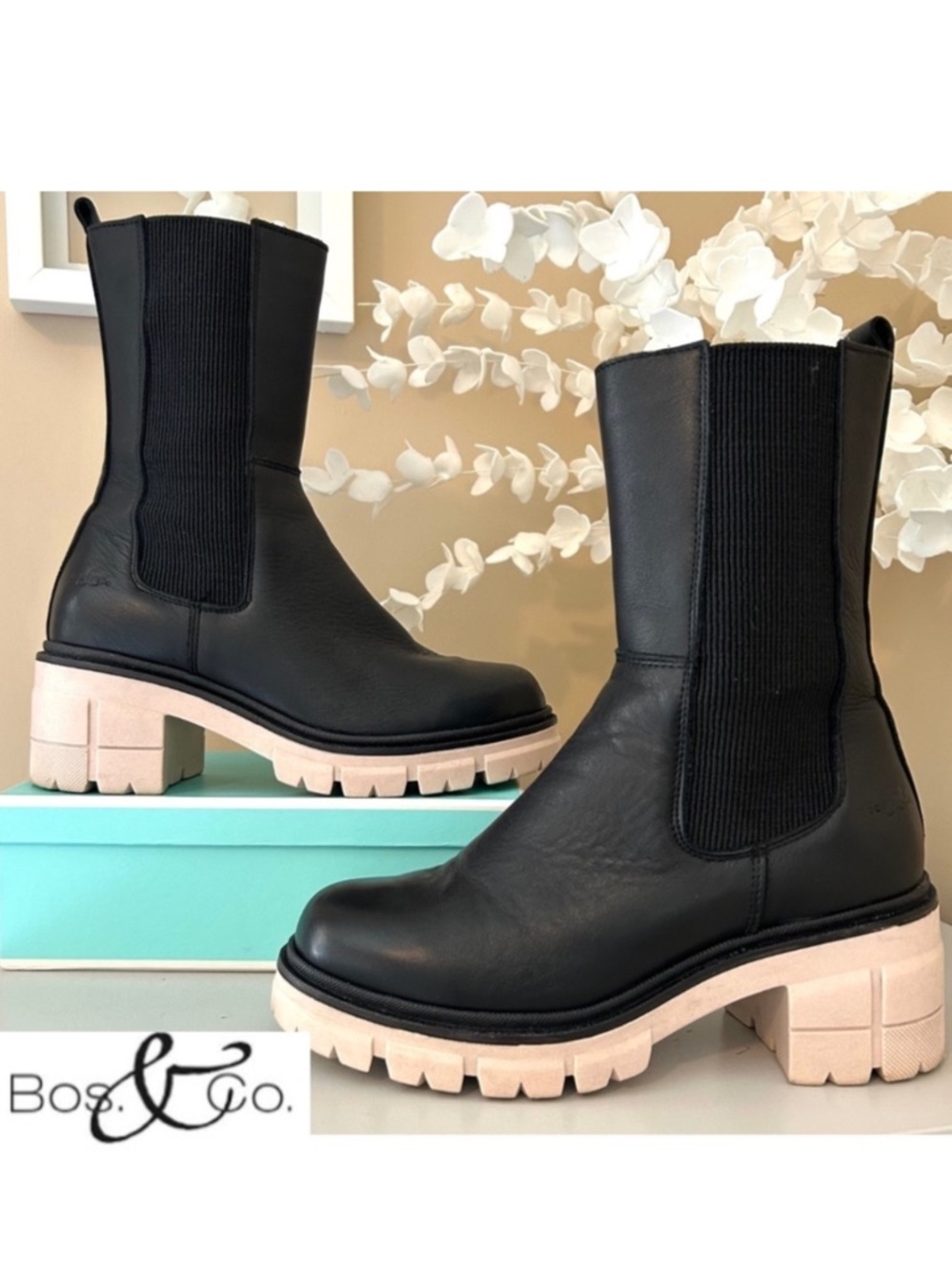 Bos&Co Brunas Black Mid-Calf Waterproof Leather Lug Sole Boot Size37/US6-6.5